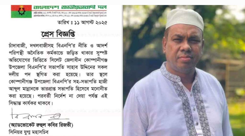 কোম্পানীগঞ্জ উপজেলা বিএনপির সভাপতিকে অব্যাহতি